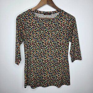 Fina Peru Womens Black Colorful Abstract 3/4 Sleeve Top Size S Art To Wear